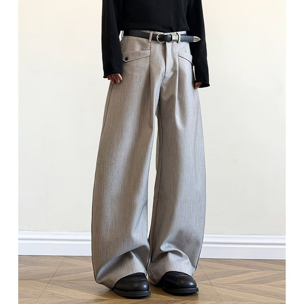 Vintage Preppy Pleated Knife Edge Trousers for Men in Gray