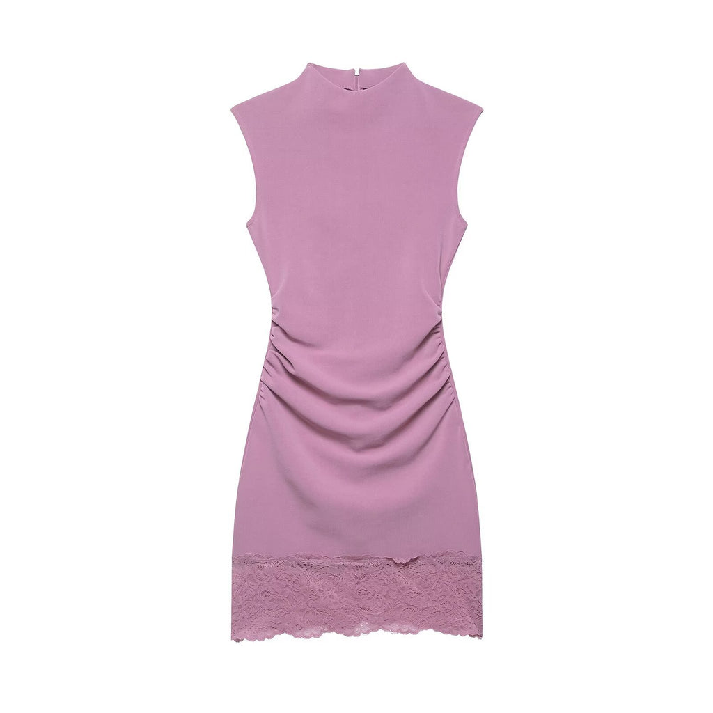 Commuting Style Elastic Lace Short Dress Sleeveless Stand Collar Casual