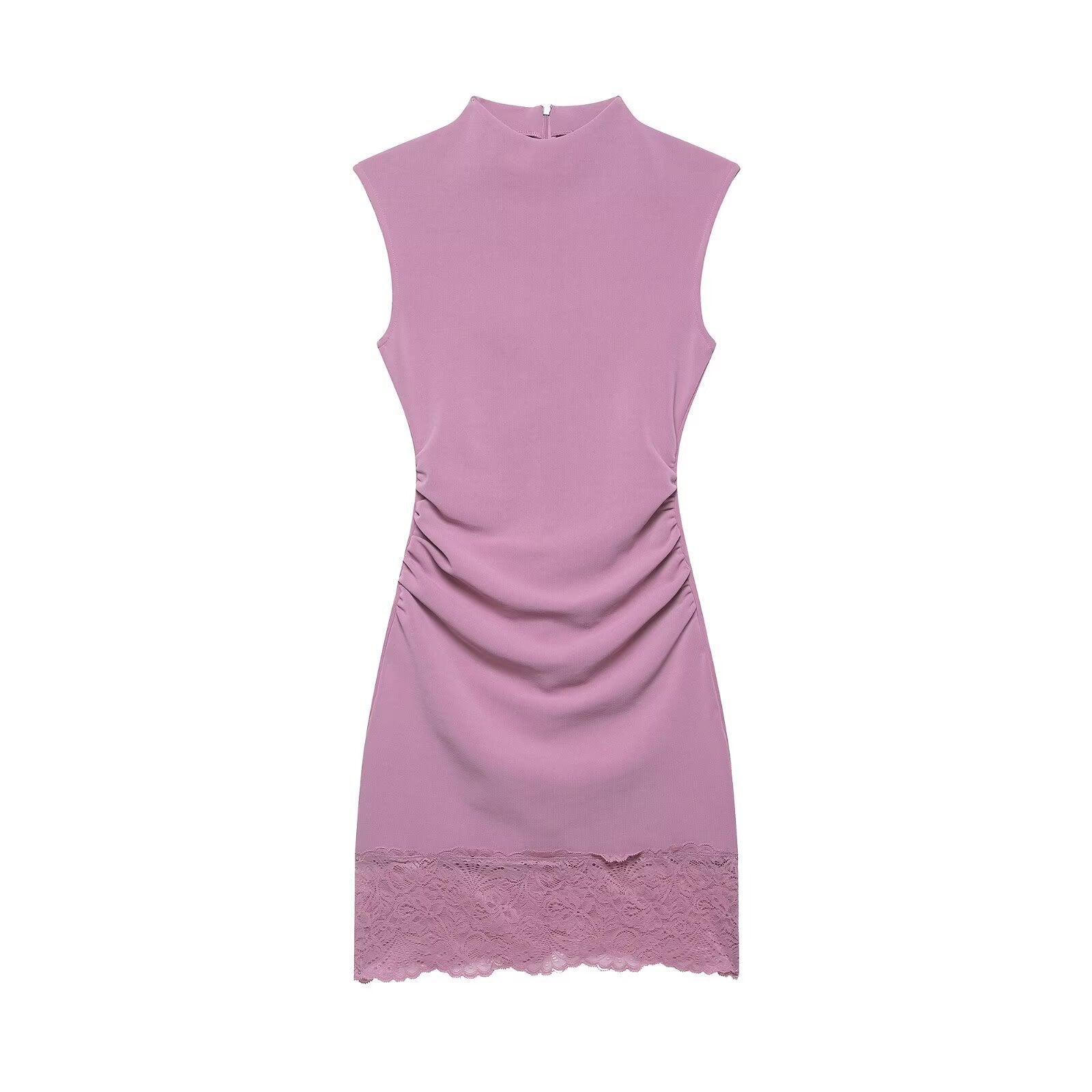Commuting Style Elastic Lace Short Dress Sleeveless Stand Collar Casual