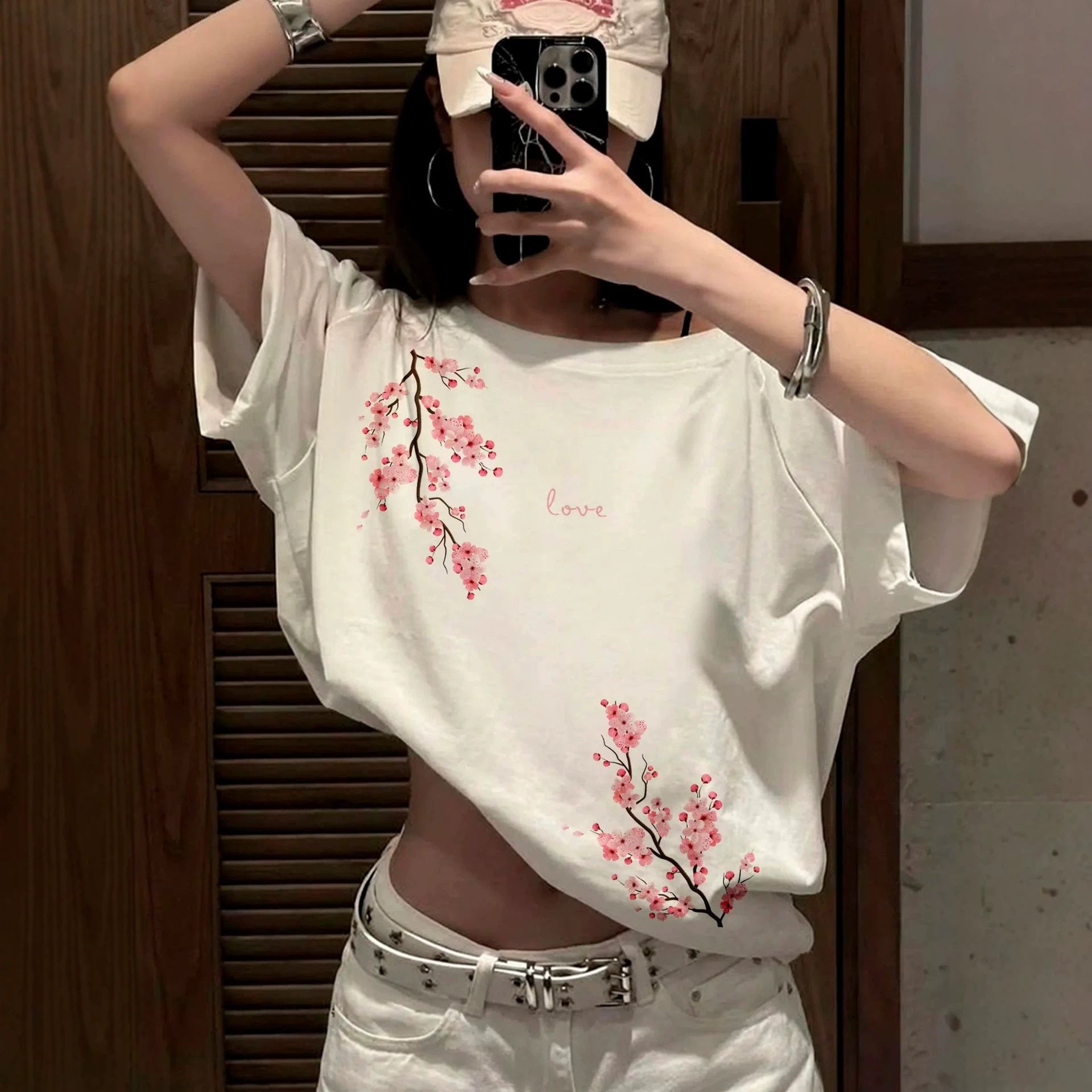 Loose Short Sleeve Cotton Top Black White Character Print Casual Unisex