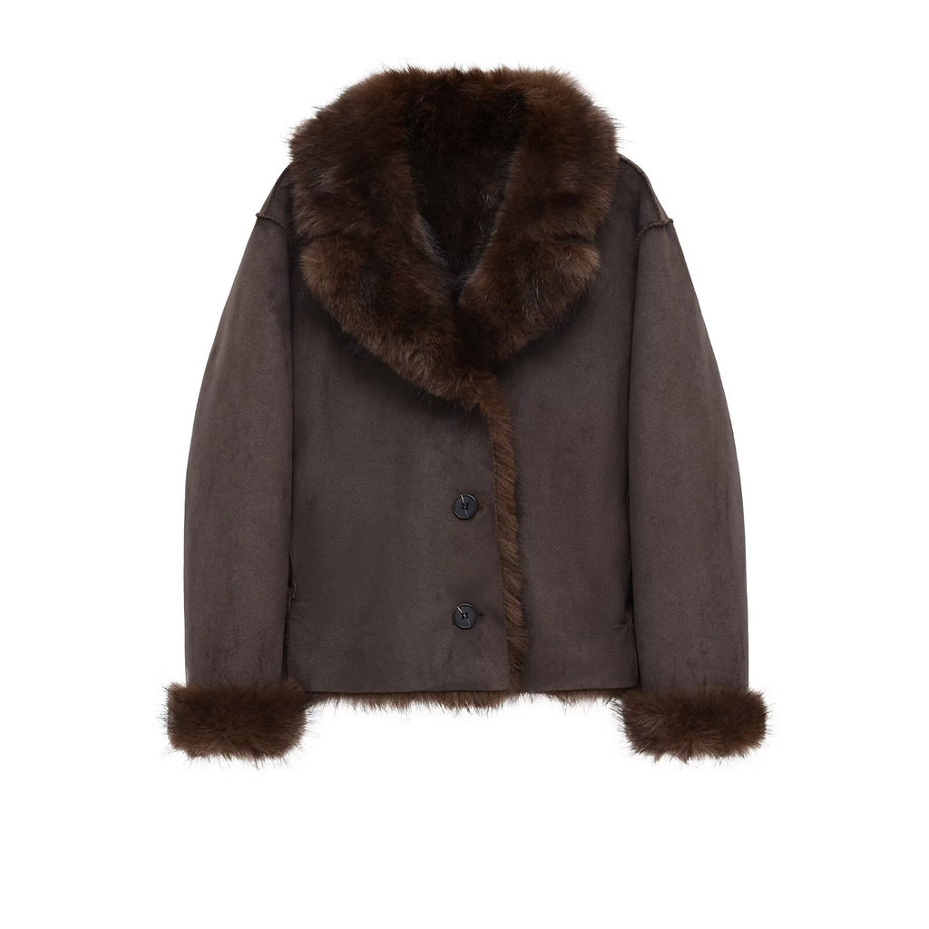 Dark Brown Women Streetwear Winter Outerwear With Suit Collar