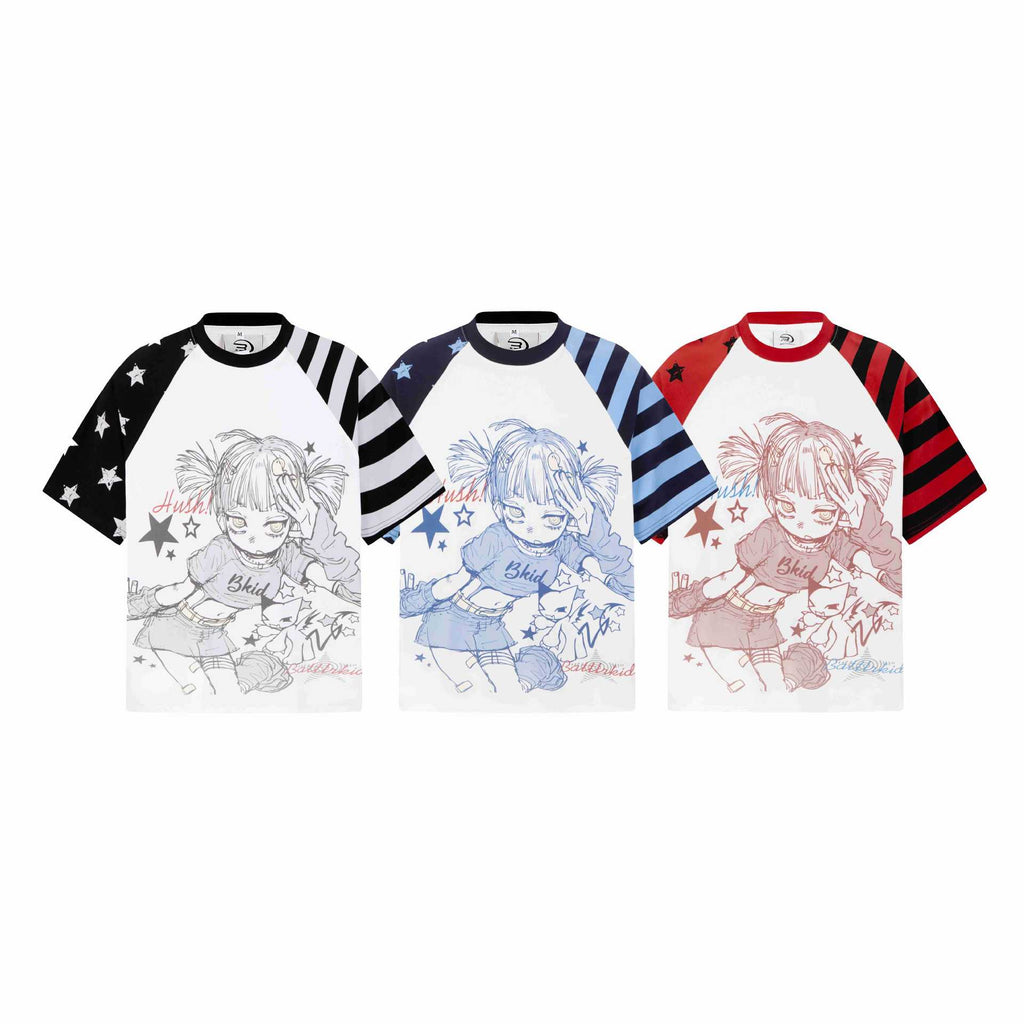 Mens Anime Girl Floral Print Short Sleeve Cotton Blend Tee