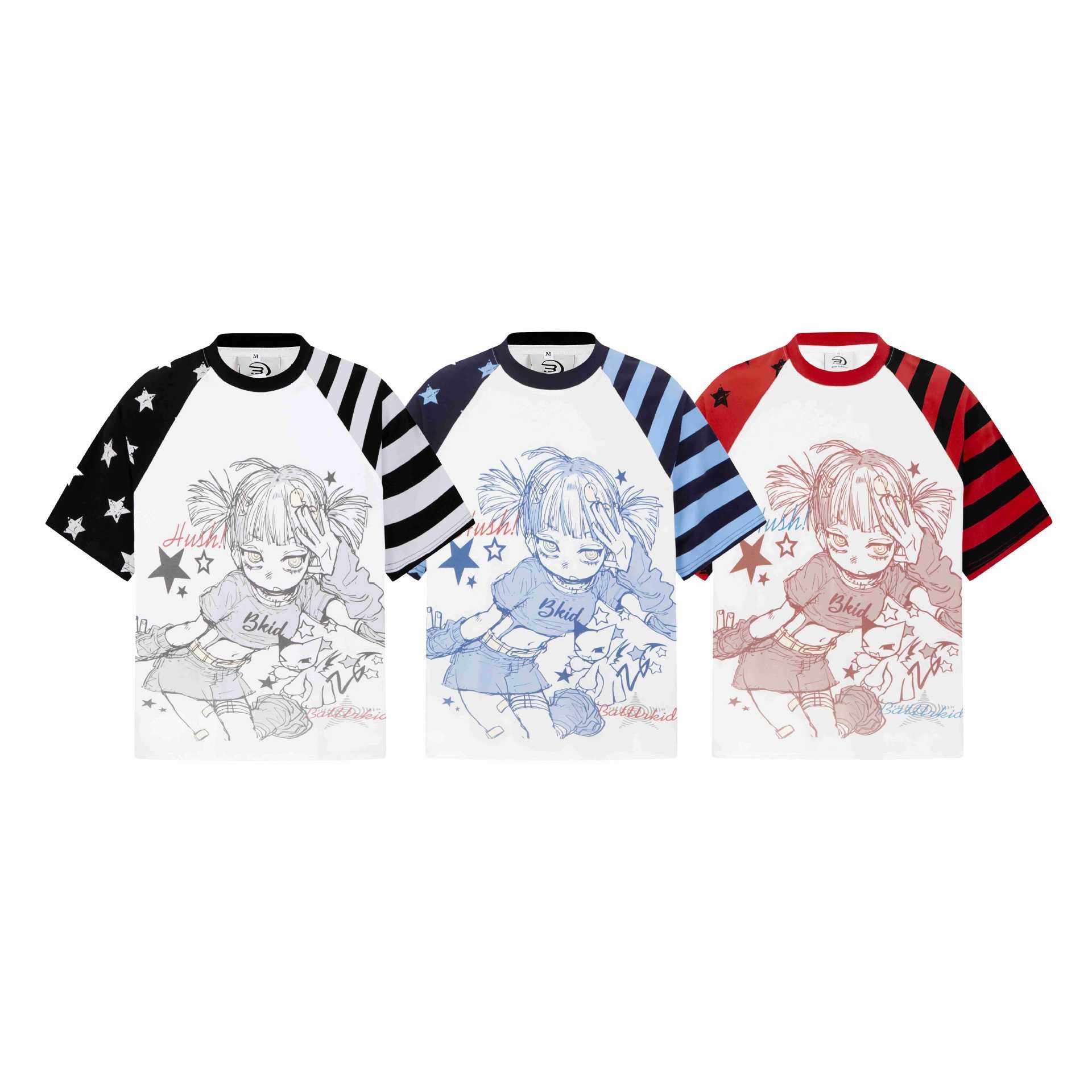 Mens Anime Girl Floral Print Short Sleeve Cotton Blend Tee