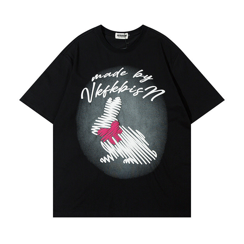 Graffiti Rabbit Print Short Sleeve Shirt Cotton Blend Casual