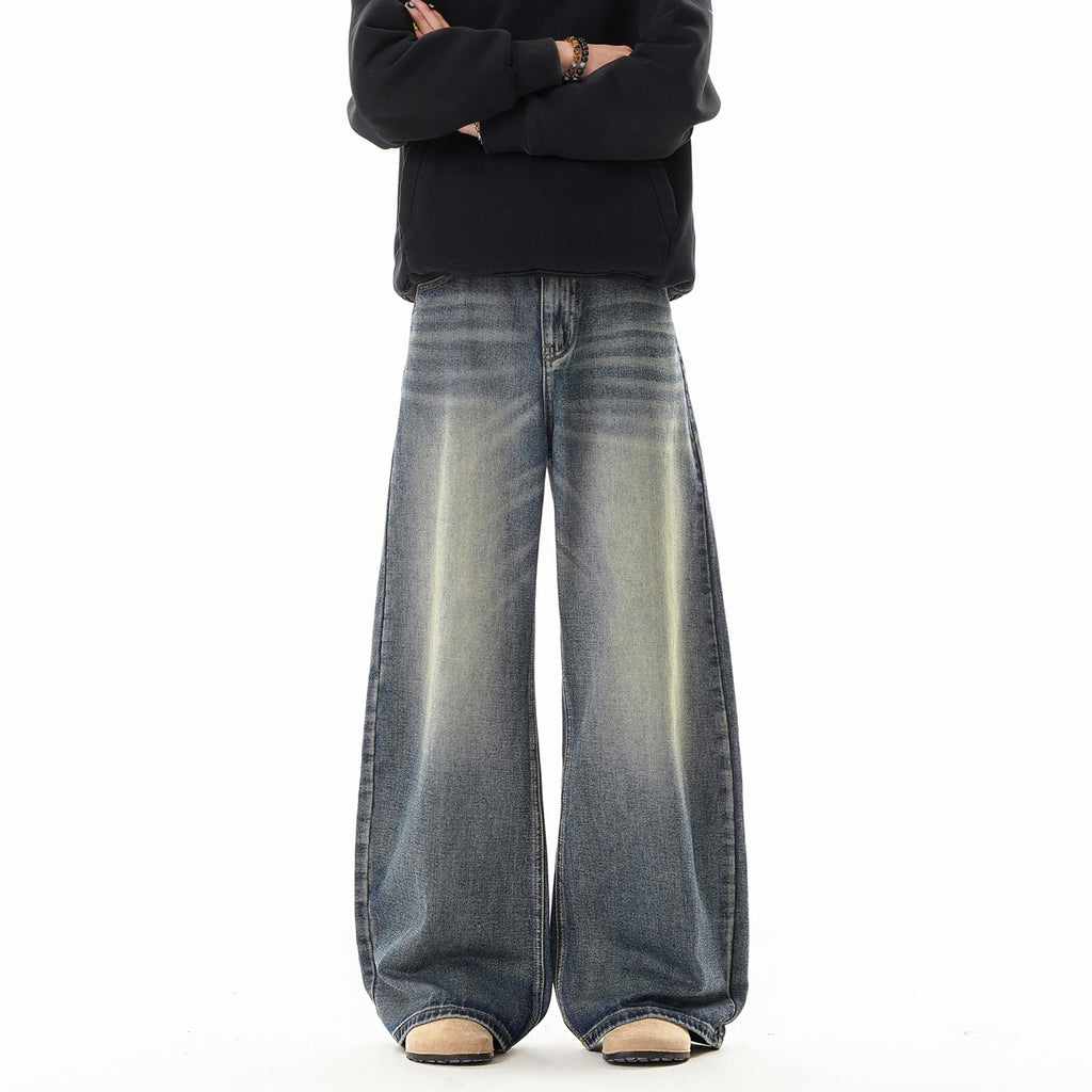 Texture Washed Knife Edge Denim Pants For Men Loose Fit