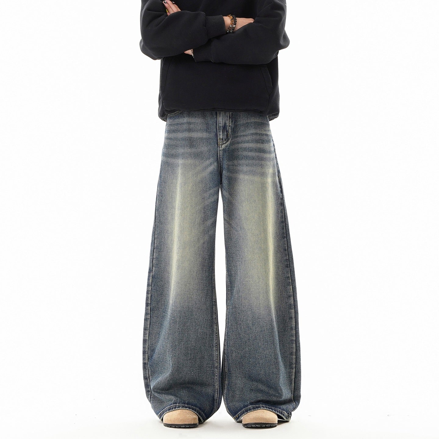 Texture Washed Knife Edge Denim Pants For Men Loose Fit