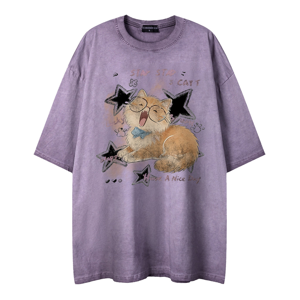 Soft Orange Cat Print Tee Loose Fit Short Sleeve Cotton Blend