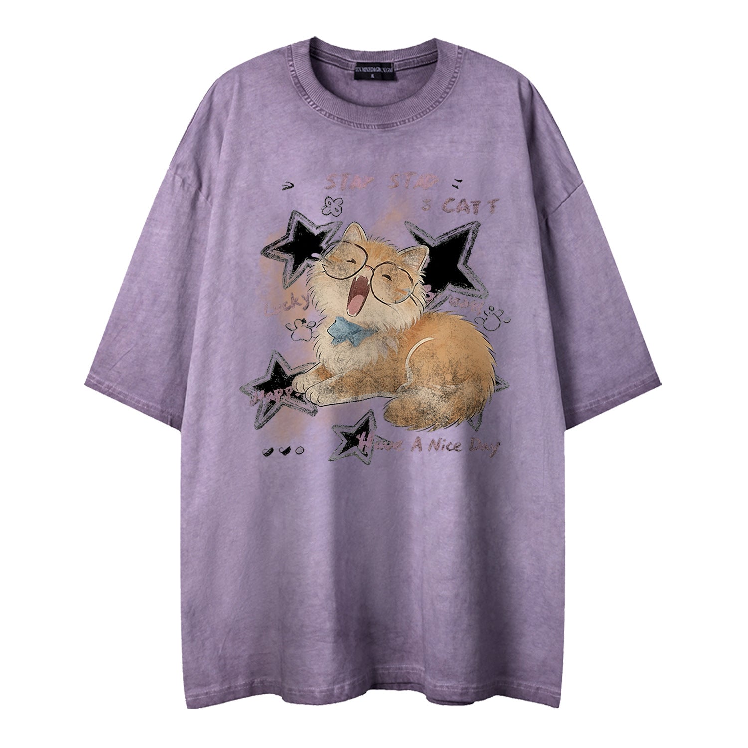 Soft Orange Cat Print Tee Loose Fit Short Sleeve Cotton Blend