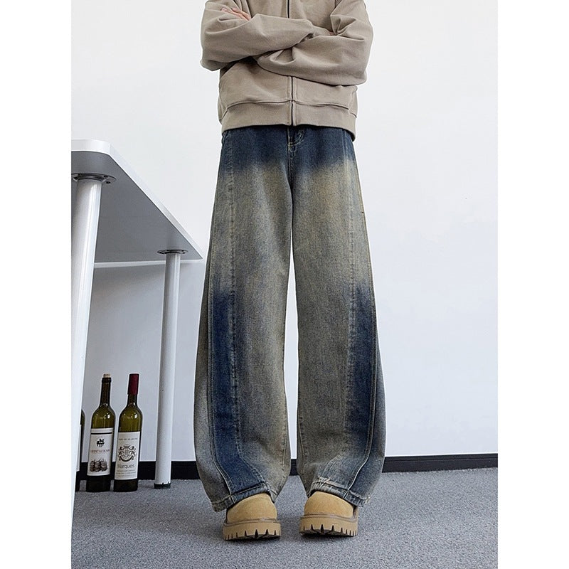 Mens Heavyweight Casual Straight Leg Jeans Vintage Washed Denim Pants