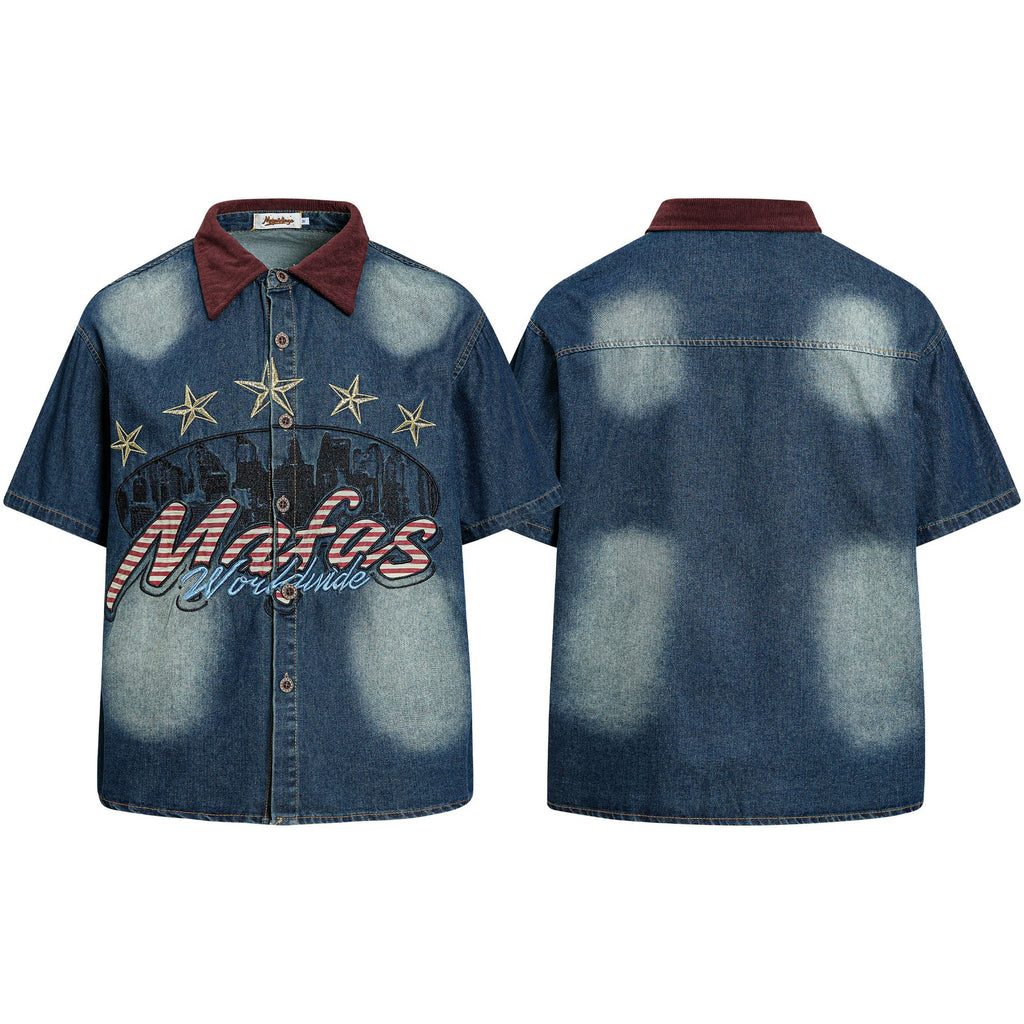 Blue Star Letter Embroidered Loose Fit Short Sleeve Cotton Shirt