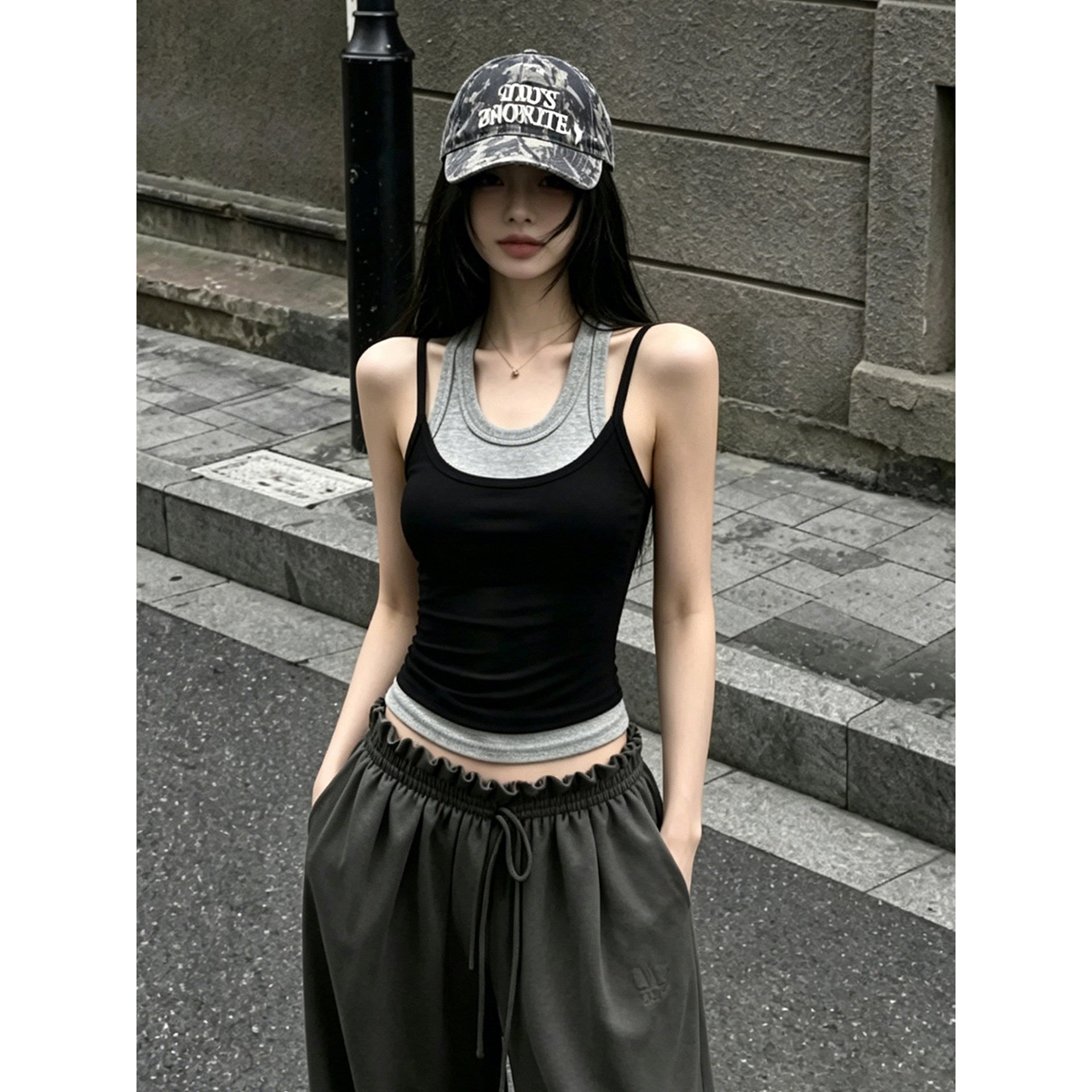 Ladies False Two Piece Base Layer Tank Top Slim Fitted Sporty Vest