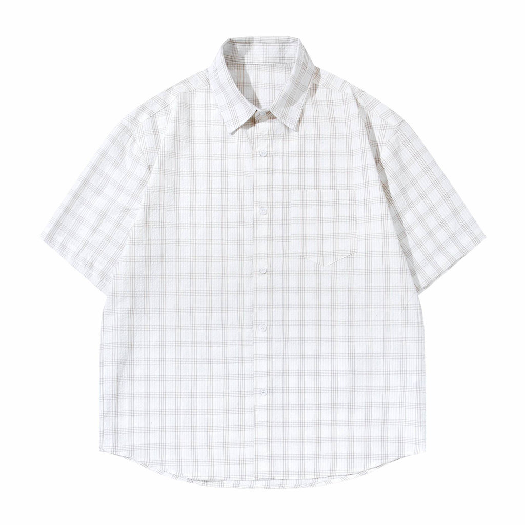 Texture Plaid Shirt T Shirt Casual Short Sleeve Apricot Blue Turn Down Collar