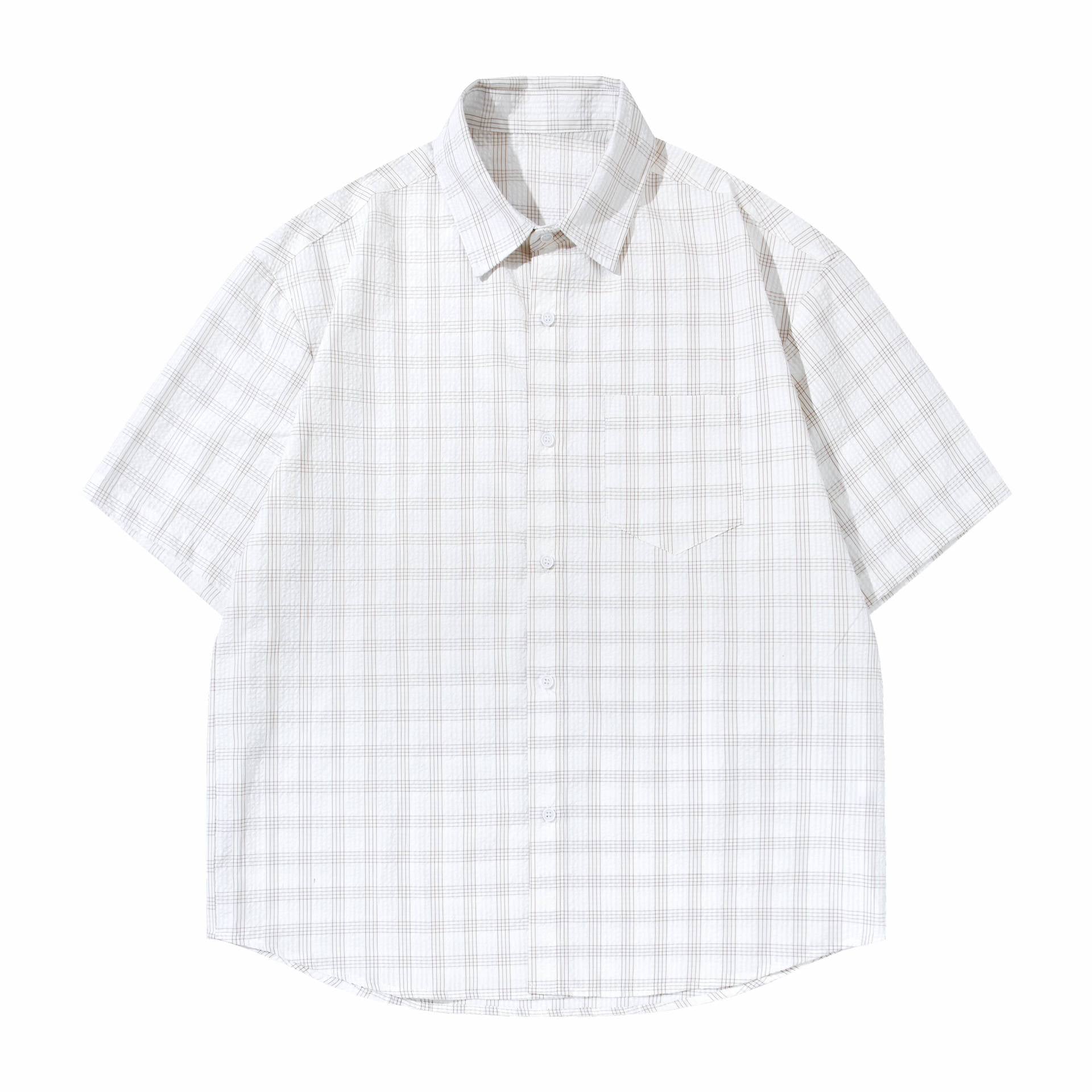 Texture Plaid Shirt T Shirt Casual Short Sleeve Apricot Blue Turn Down Collar