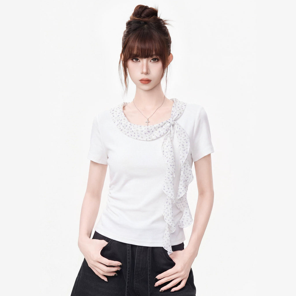 Polka Dot Round Neck Short Sleeve T Shirt Women Pleated Waist Cinching Top