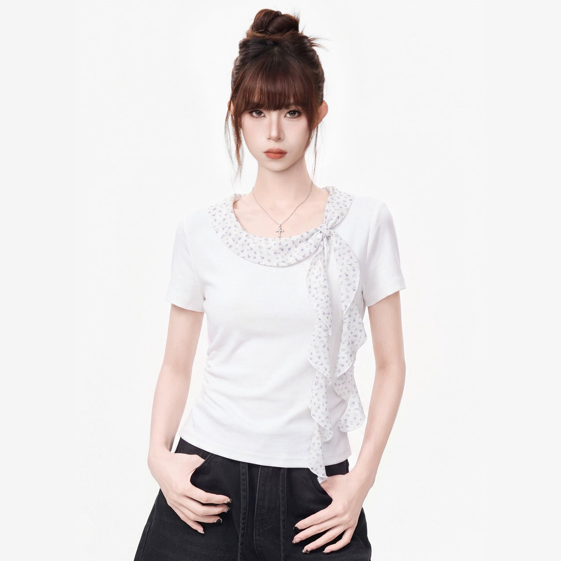 Polka Dot Round Neck Short Sleeve T Shirt Women Pleated Waist Cinching Top