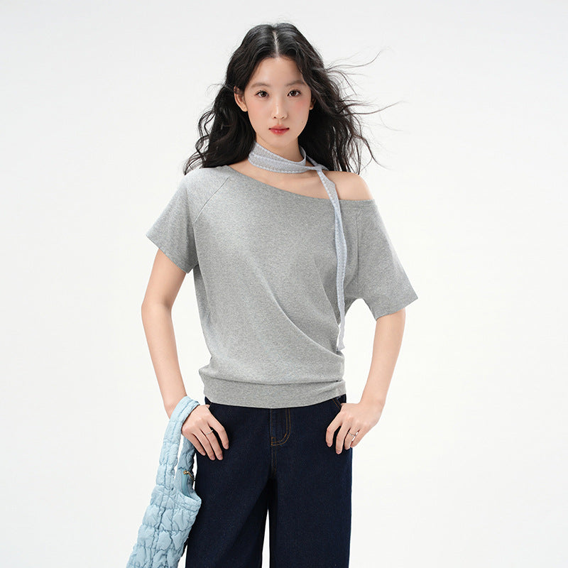 Cotton Spandex One Shoulder Slash Neck Sleeveless Tee For Women Loose Casual Top