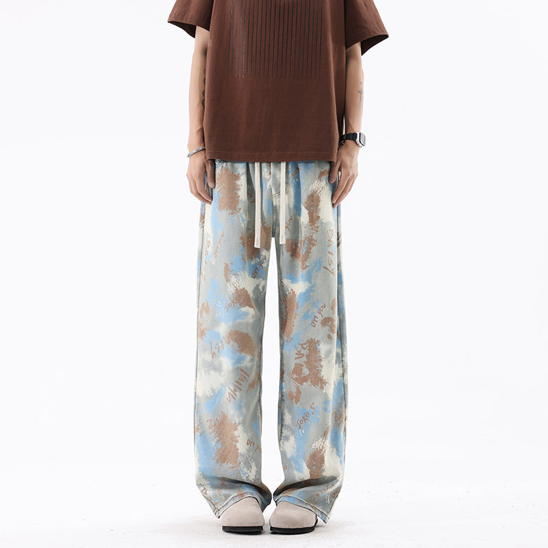 Streetwear Loose Patterned Lyocell Ice Silk Jeans With High Waist Drawstring