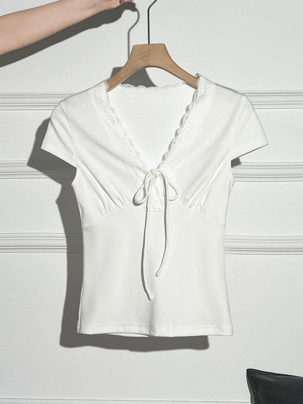 V Neck Black Lace Bow Spliced Short Sleeve T Shirt For Women