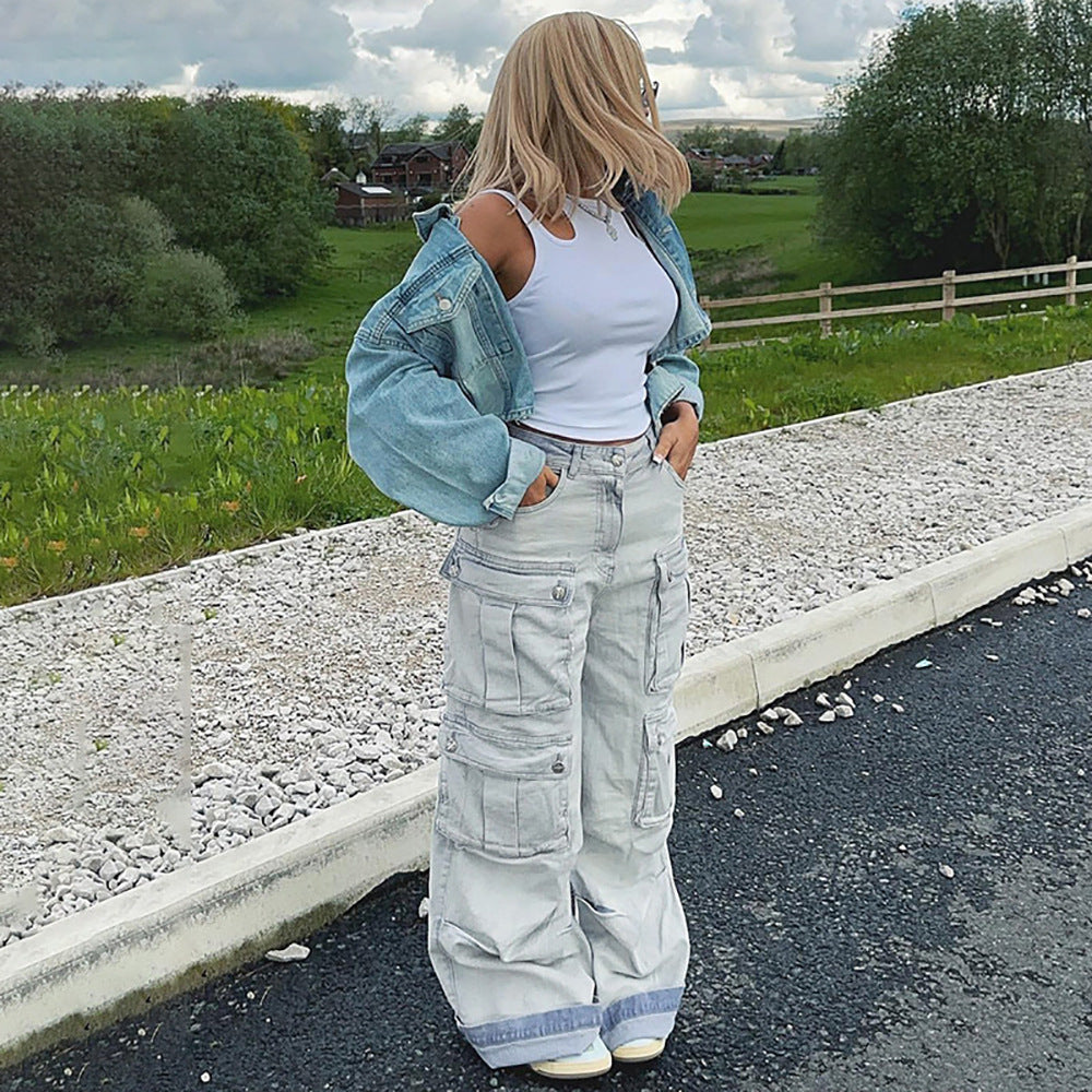 Straight Leg Cargo Denim Jeans For Women, Vintage Multi Pocket Floor Length