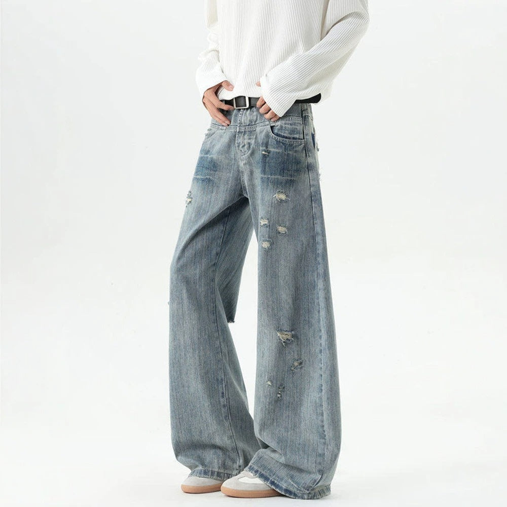 Blue Bamboo Texture Distressed Washed Jeans Oversized Tapered Straight Leg