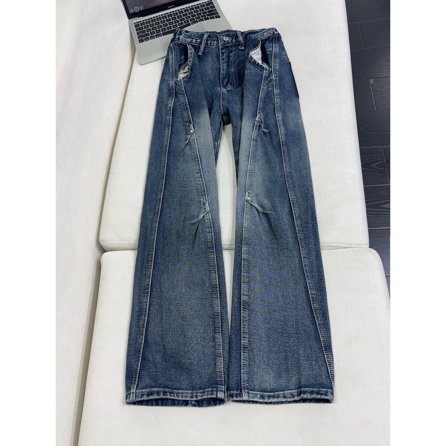 Lightning Pattern Washed Denim Pants For Men Straight Leg Jeans