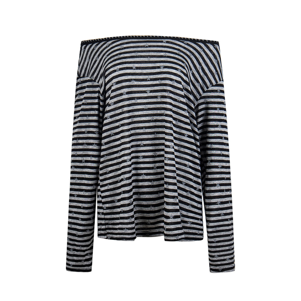 Color Blocked Stripe Long Sleeve Top Cotton Lyocell Blend Anime Cartoon Pattern