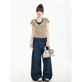 Oatmeal Color Blocking V Neck Two Piece Knit Set For Women