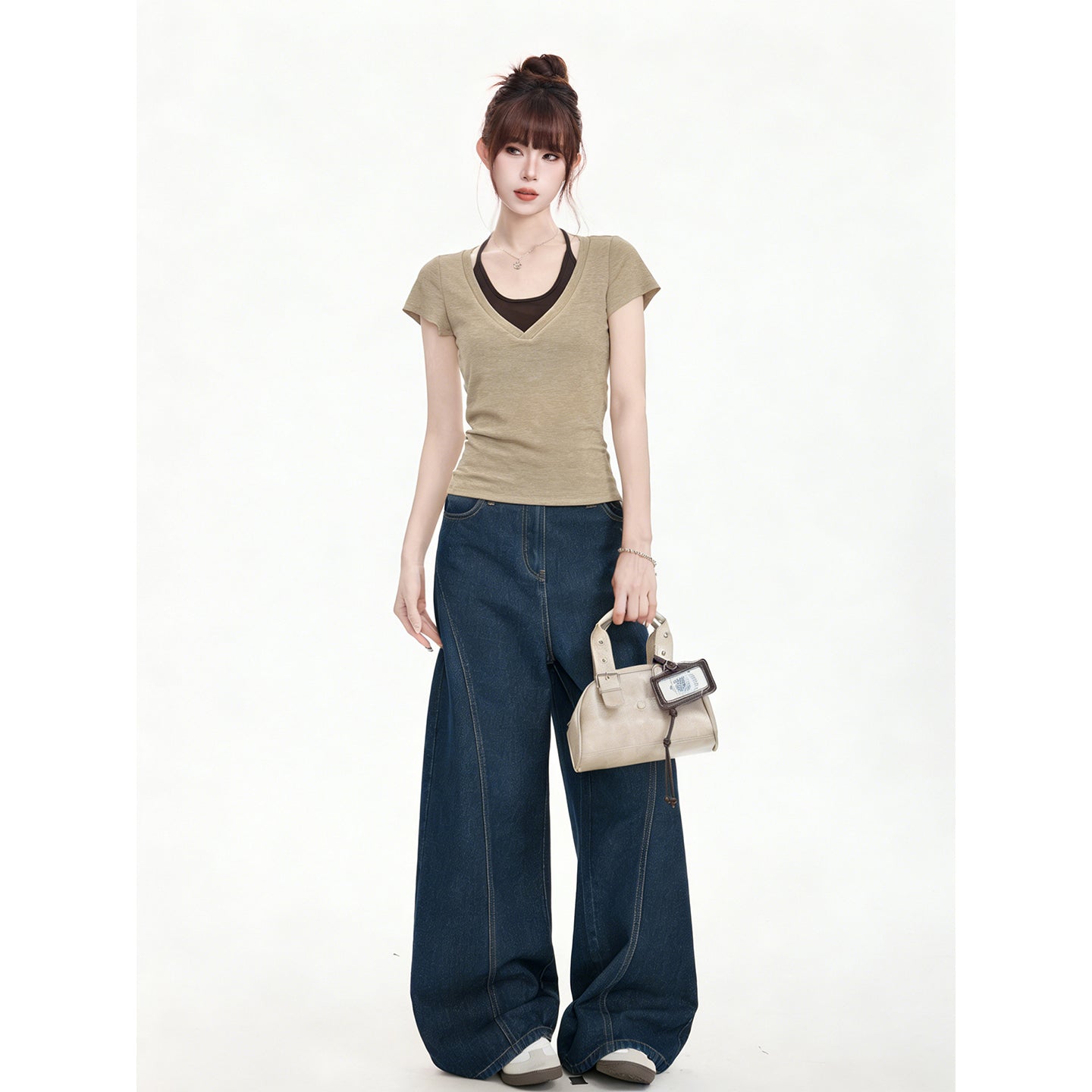Oatmeal Color Blocking V Neck Two Piece Knit Set For Women