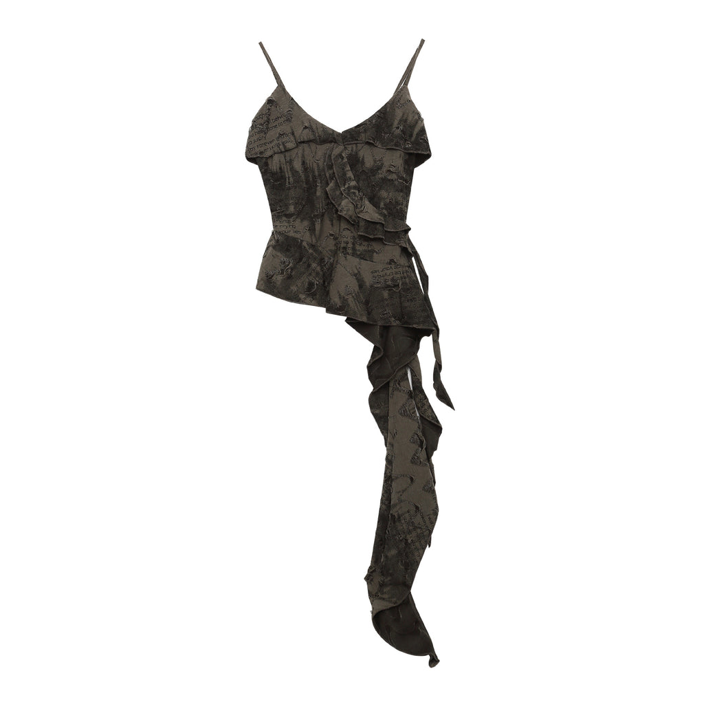 Army Green Tie Dye Ruffled Strap Crop Top Slimming Fit