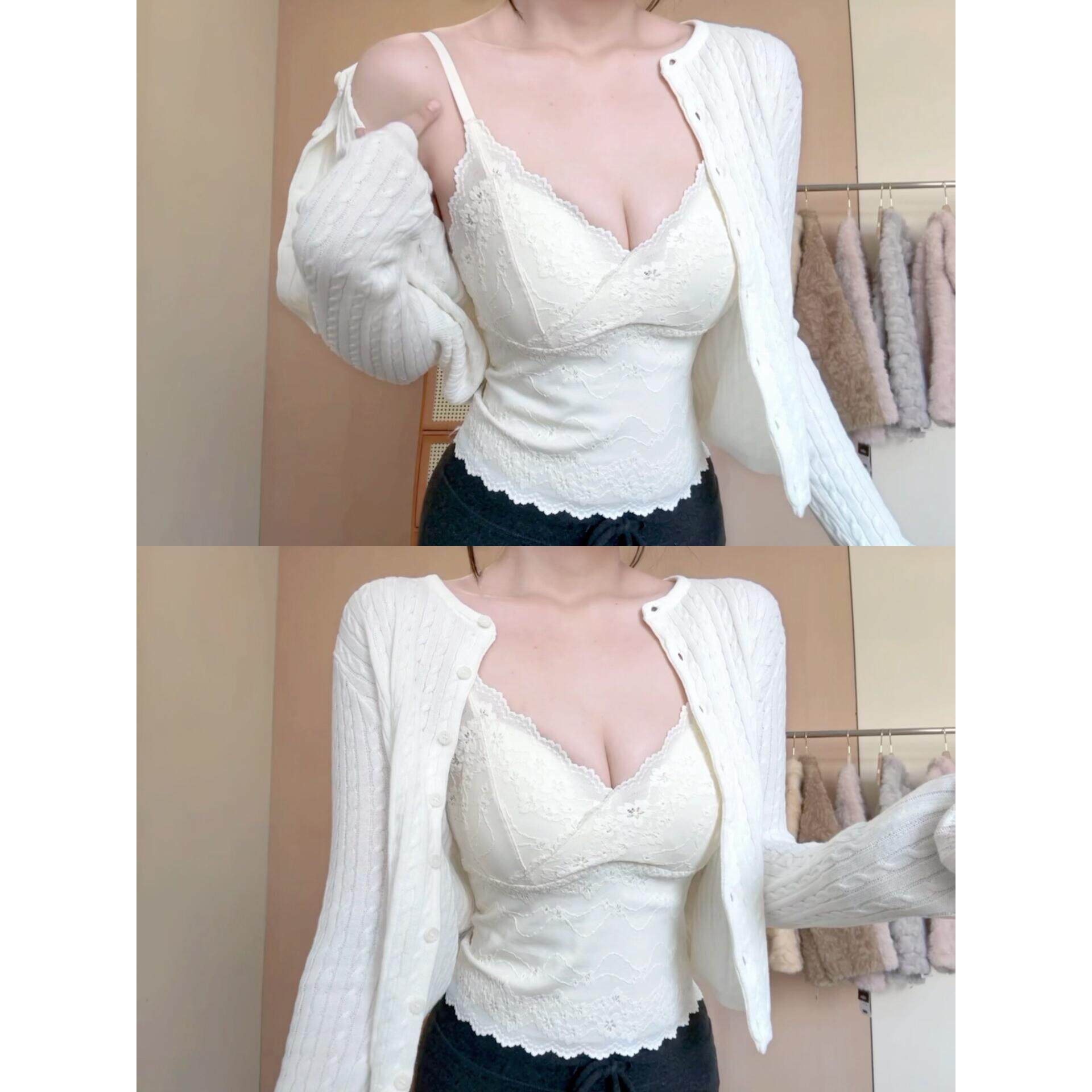 Milk White V Neck Lace Camisole With Built In Padding Slim Fit One Size
