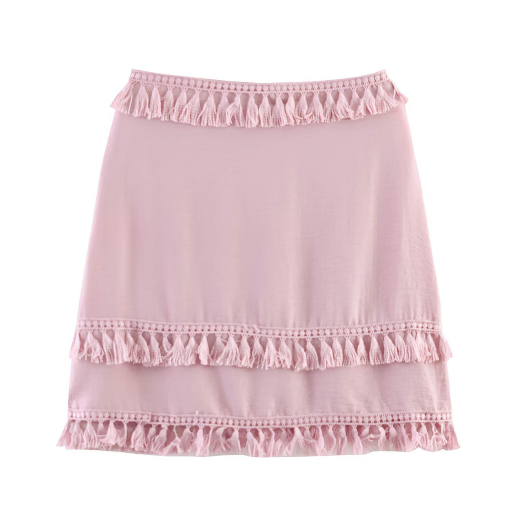 Spicy Tassel Lace High Waist Short Skirt In Lotus Pink Or Green