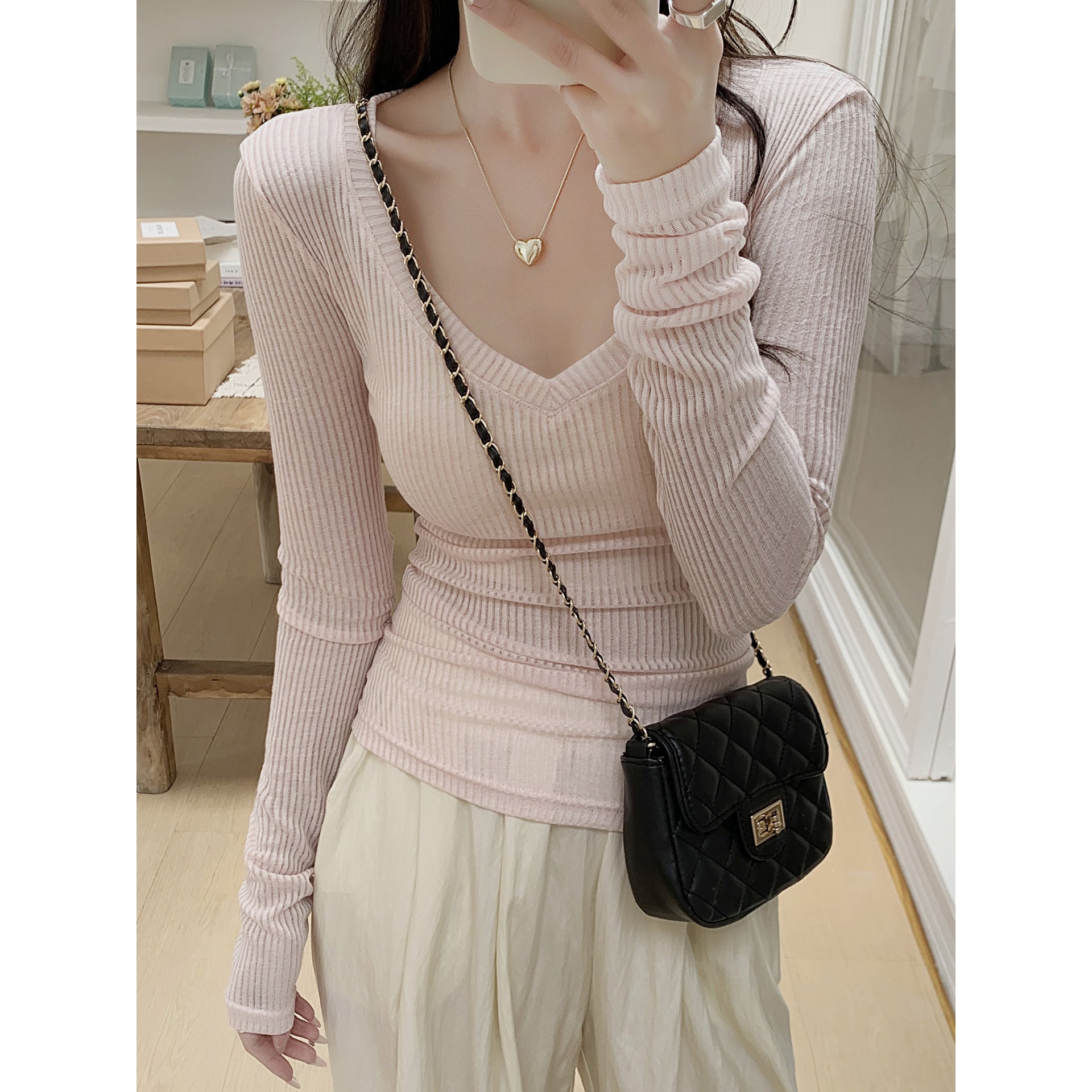 V Neck Knit Top Women Long Sleeve Pullover Solid Color Casual Style
