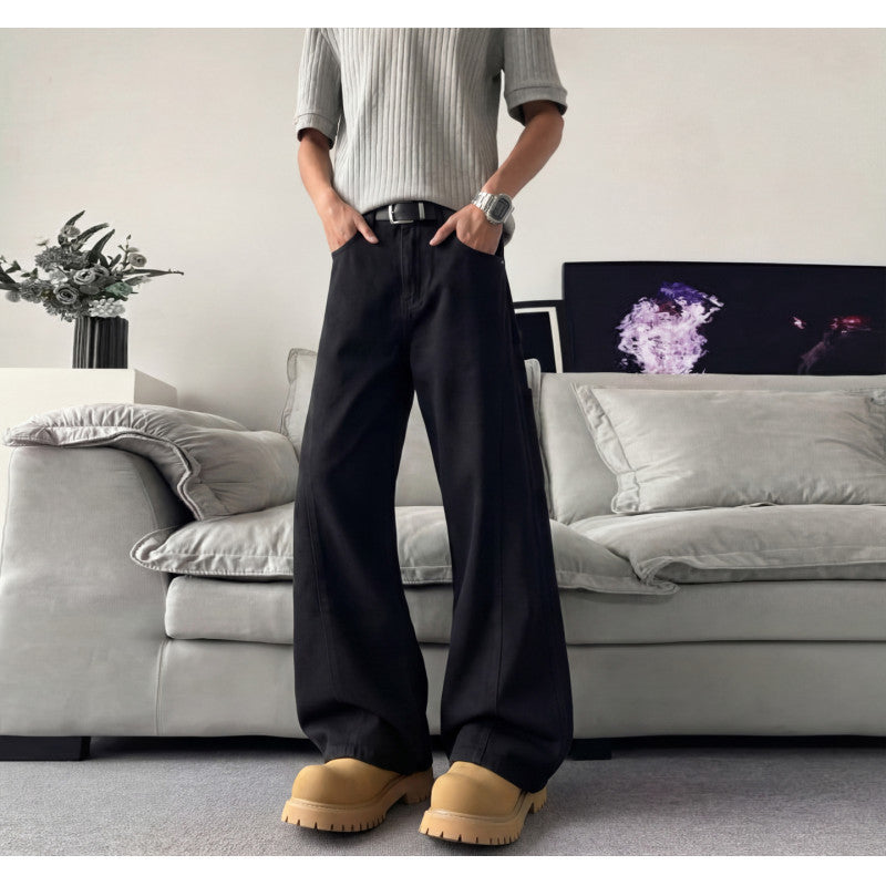 Mens Wide Leg Denim Jeans Loose Fit Cotton High Street Style Black Blue