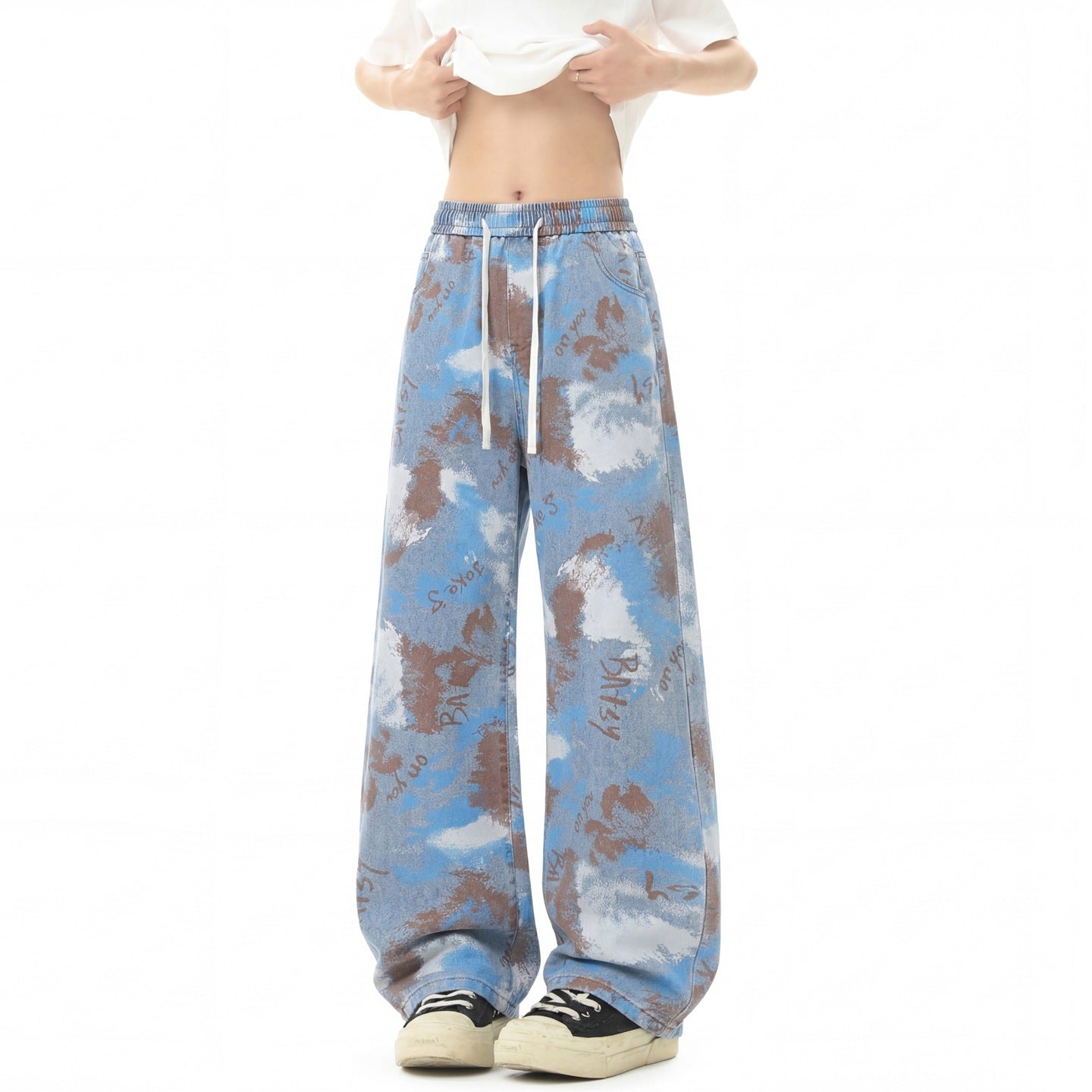 Lyocell Ice Silk Jeans With Patterned Drawstring Waist Straight Leg Loose Fit