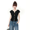 Black Cotton V Neck Short Sleeve Womens T Shirt Slim Fit Ruched Top