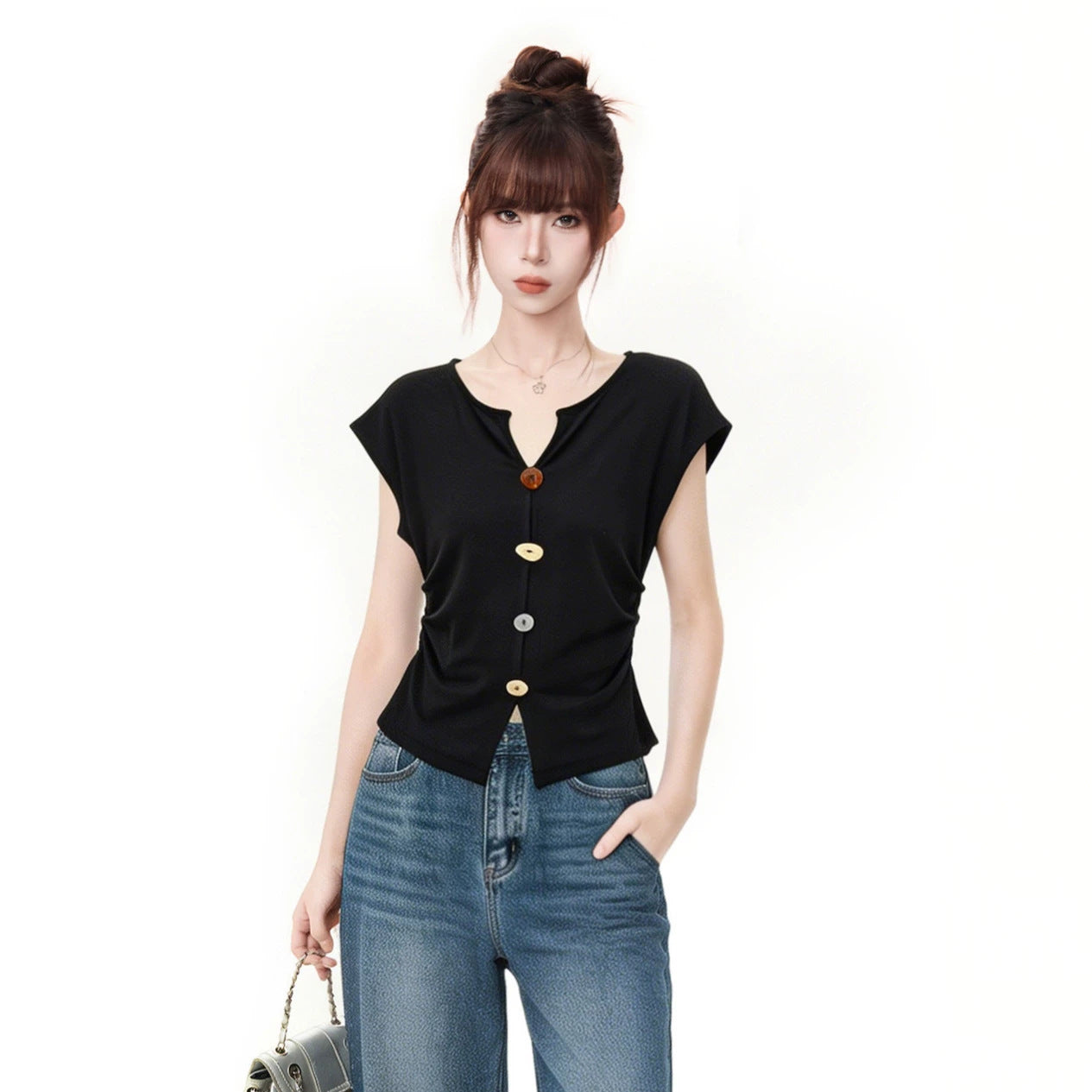 Black Cotton V Neck Short Sleeve Womens T Shirt Slim Fit Ruched Top