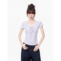 V Neck Lace Spliced Slim Fit Short Sleeve Cotton Knit T Shirt Women