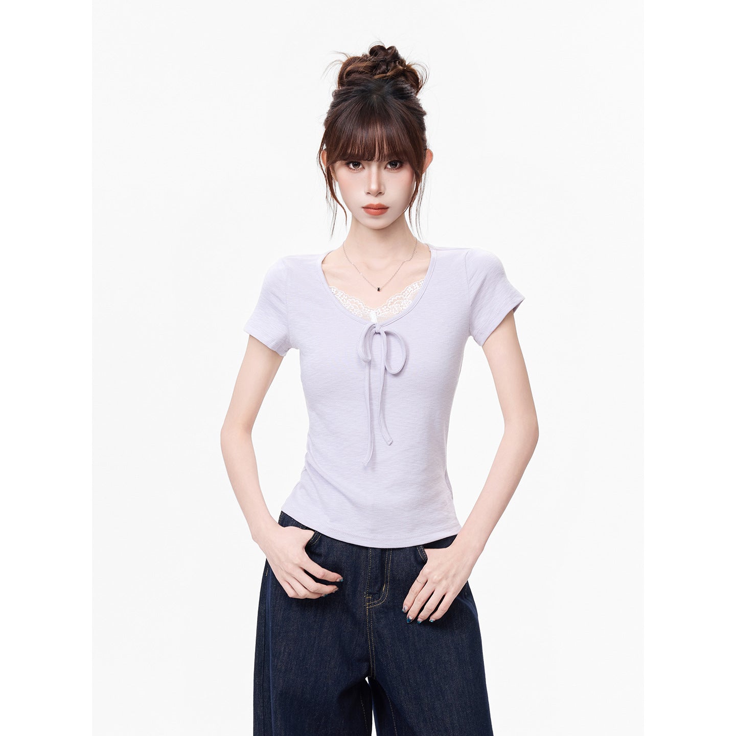 V Neck Lace Spliced Slim Fit Short Sleeve Cotton Knit T Shirt Women