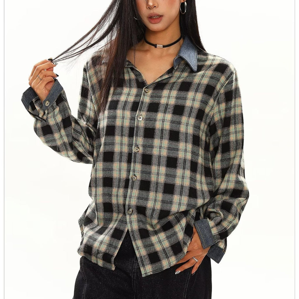 Unisex Loose Fit Plaid Shirt With Flip Collar Long Sleeve Button Closure