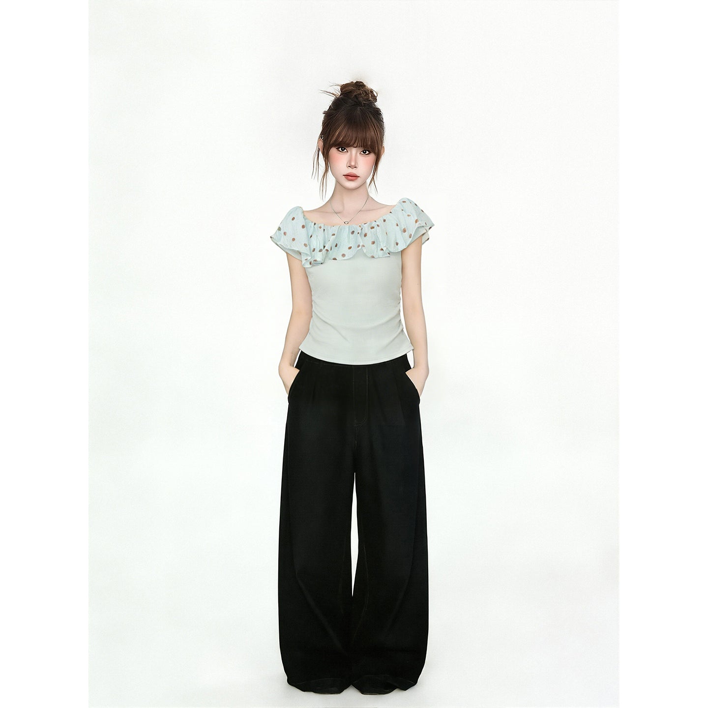 Polka Dot Off Shoulder Ruffle Trim Short Sleeve Top Women Green Summer