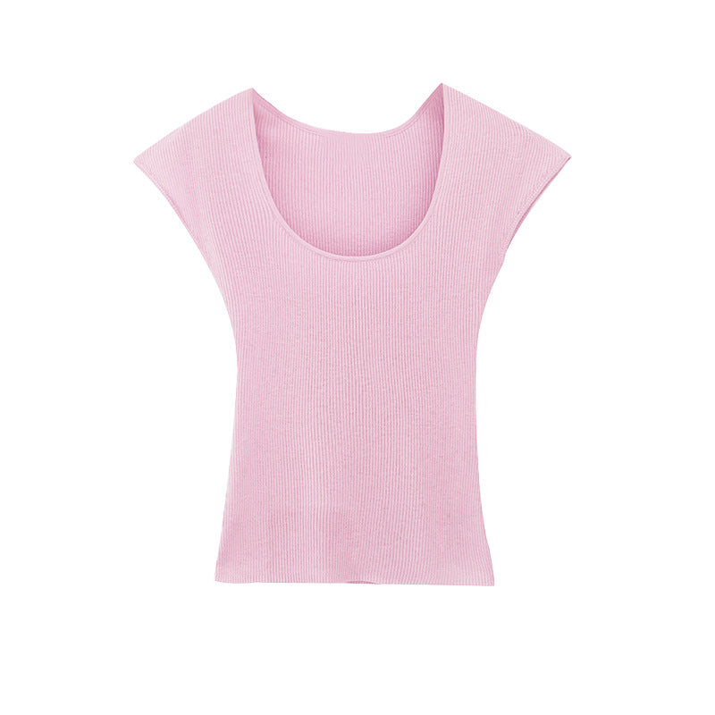Purple U Neck Ribbed Knit Pullover Top Slim Fit Three Quarter Sleeve