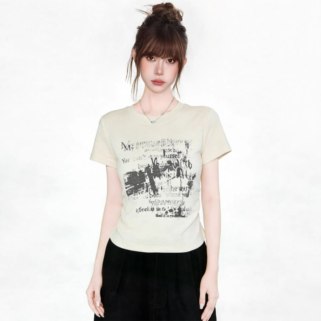 Khaki Round Neck Short Sleeve Printed T Shirt For Women With Gathered Waist