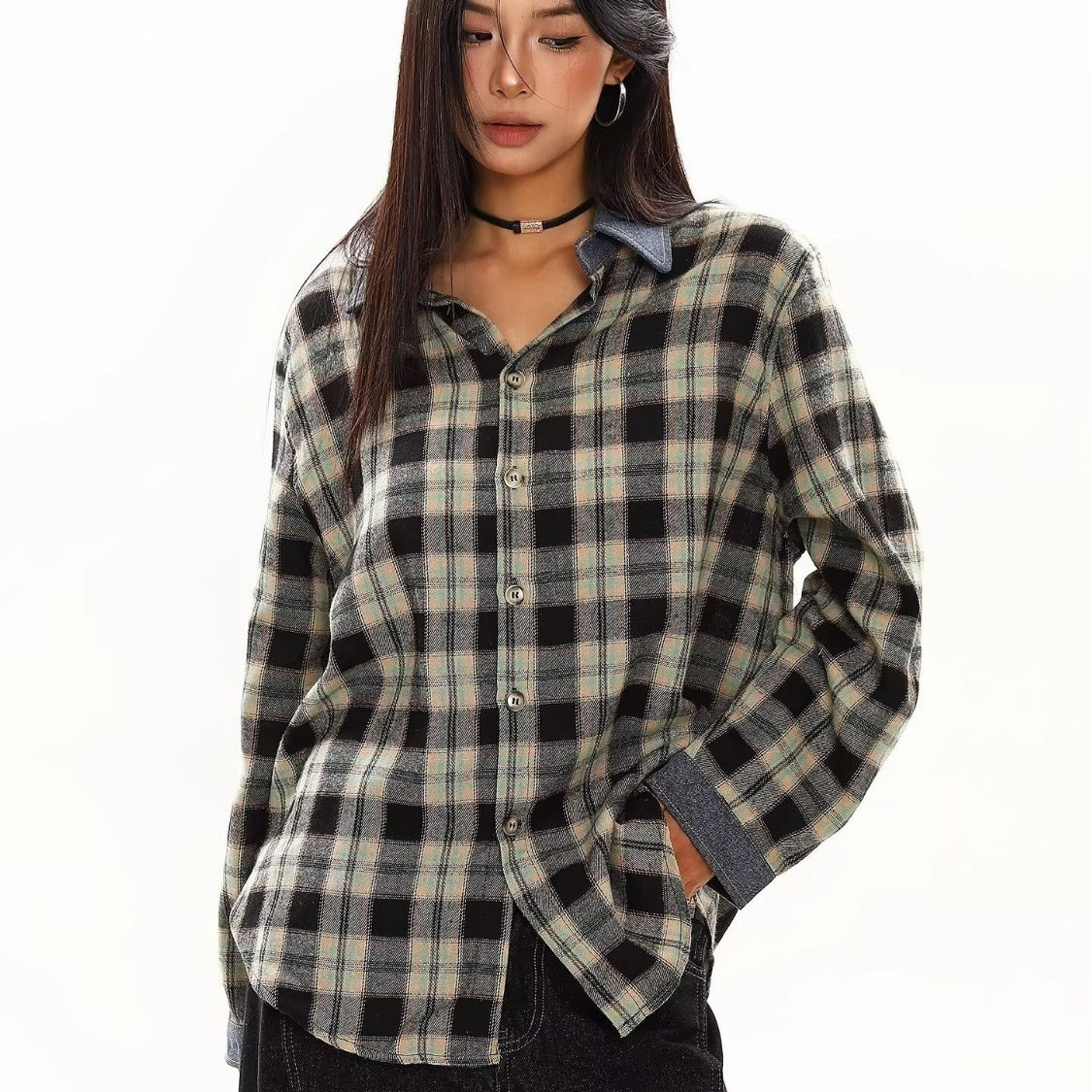 Unisex Loose Fit Plaid Shirt With Flip Collar Long Sleeve Button Closure
