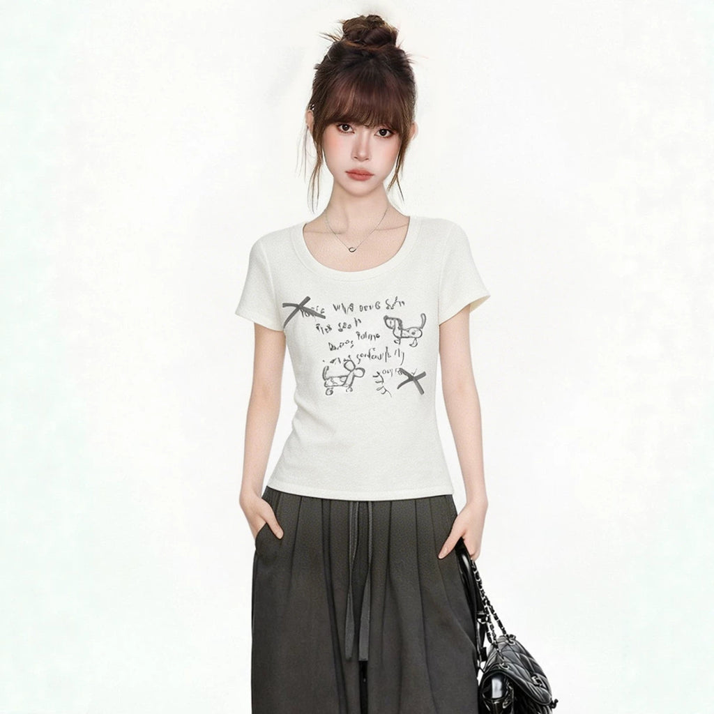 White Dachshund Embroidered T Shirt For Women Bow Detail Slim Fit
