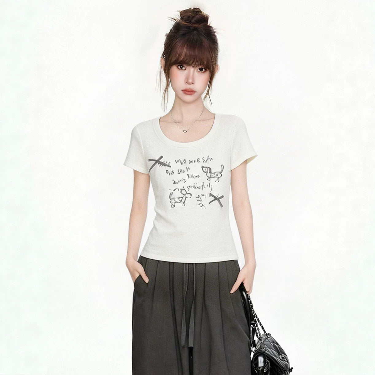 White Dachshund Embroidered T Shirt For Women Bow Detail Slim Fit