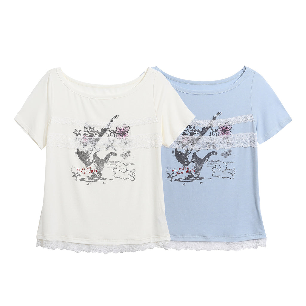 Guitar Cat Patchwork Printed Tee Cropped Top Lace Detail