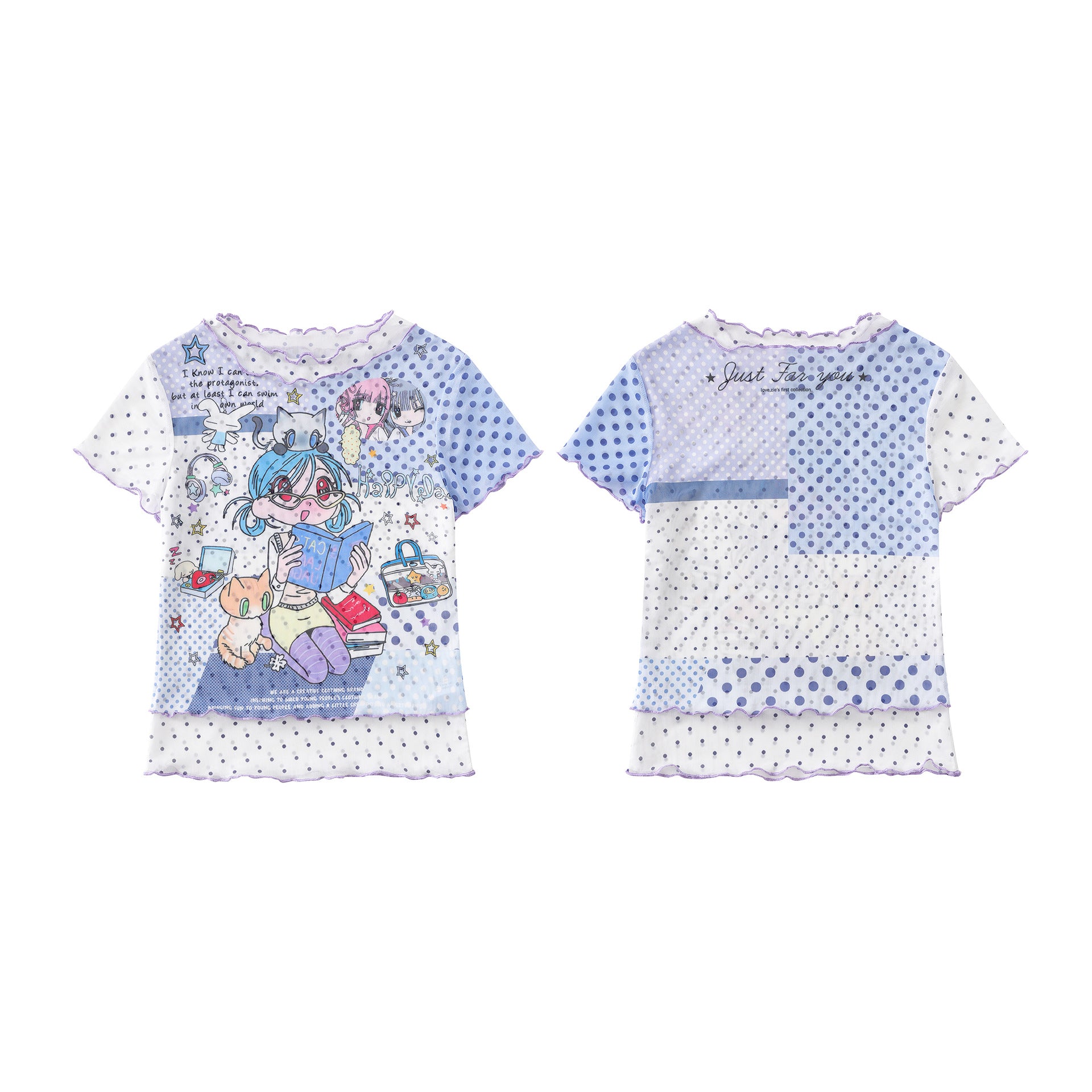 Cartoon Graffiti Mesh Unisex T Shirt Color Block Plaid Ruffle Trim Bodysuit