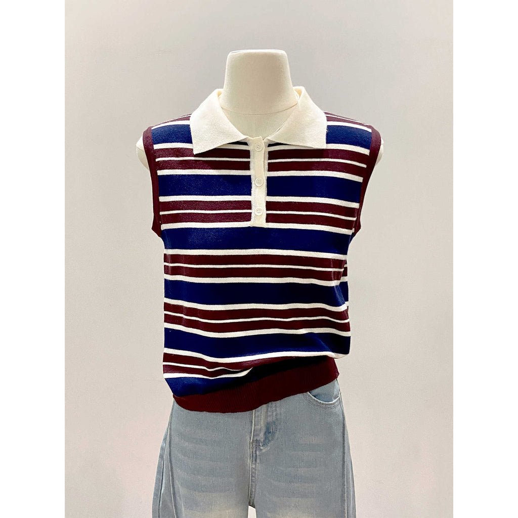 Color Block Stripe Knit Vest For Women Red Blue Sleeveless Office Wear