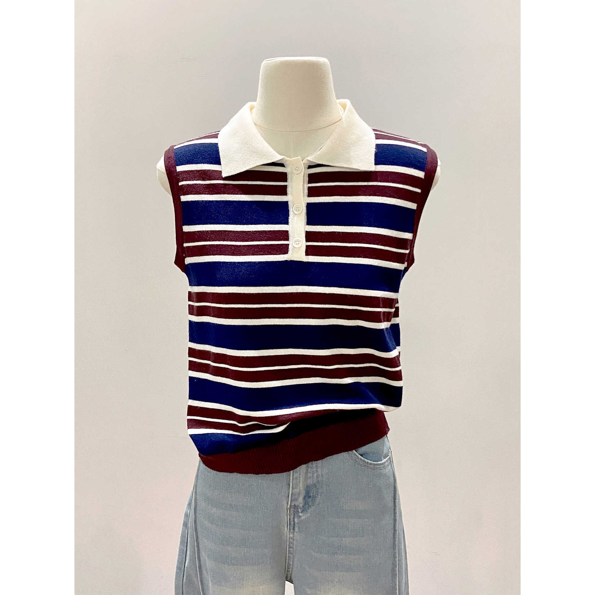 Color Block Stripe Knit Vest For Women Red Blue Sleeveless Office Wear