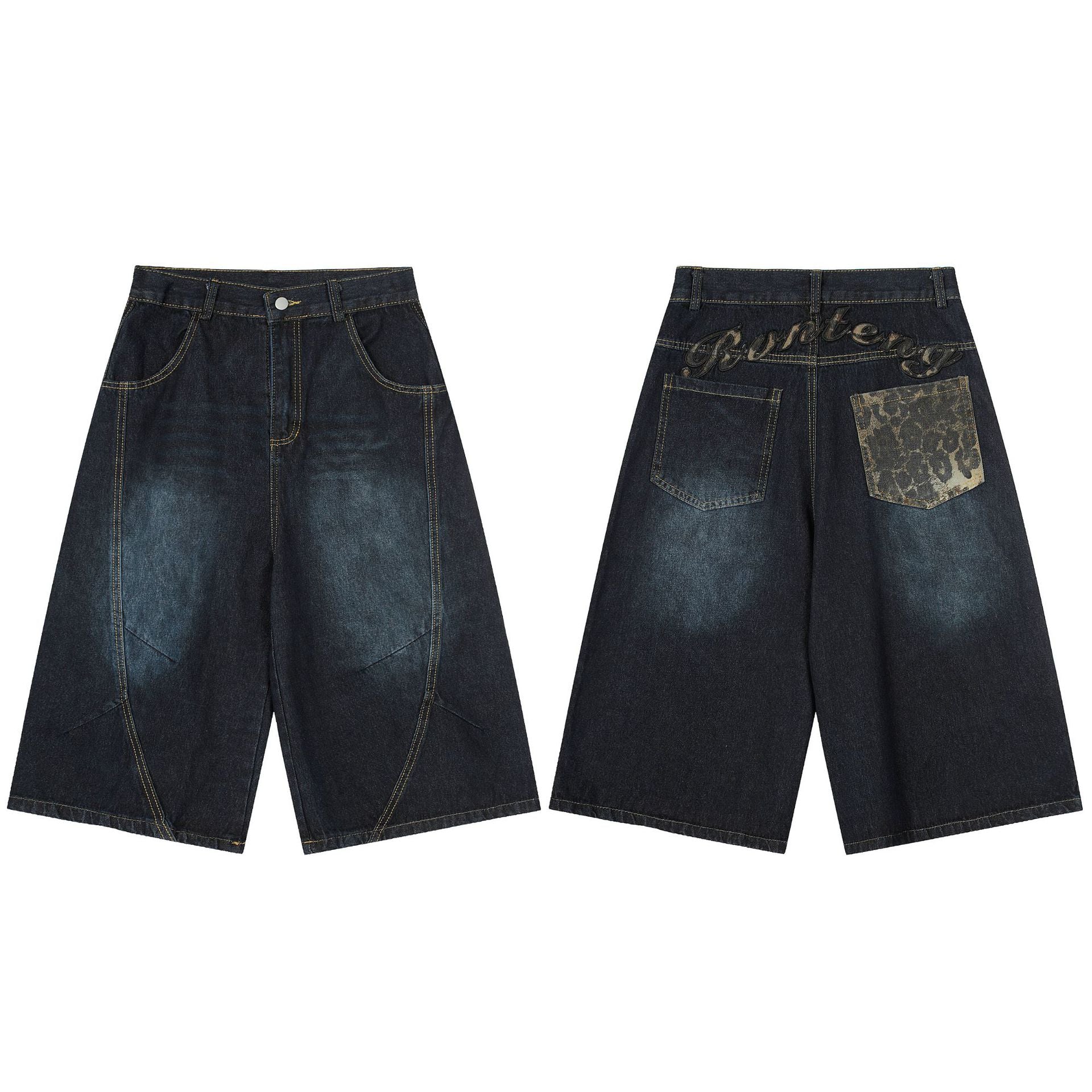 Personalized Street Style Denim Shorts Black Loose Fit Cotton